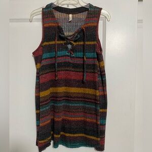 Elan Cold shoulder striped lace up sweater